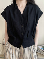 Vネック ウエストシェイプ シルエット ノースリーブシャツ-ブラック-2XL