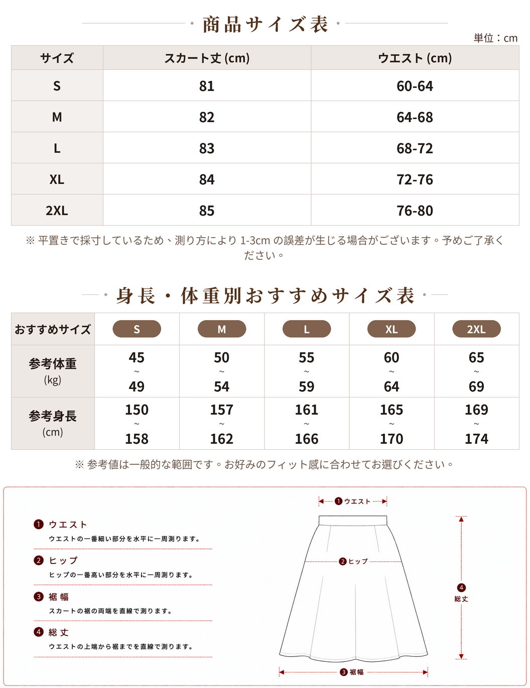 【全4色】S~2XL ホワイト 立体切り替え ボリュームフレアスカート size chart 1