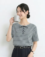 ボーダー リボン付き クルーネック 半袖Tシャツ