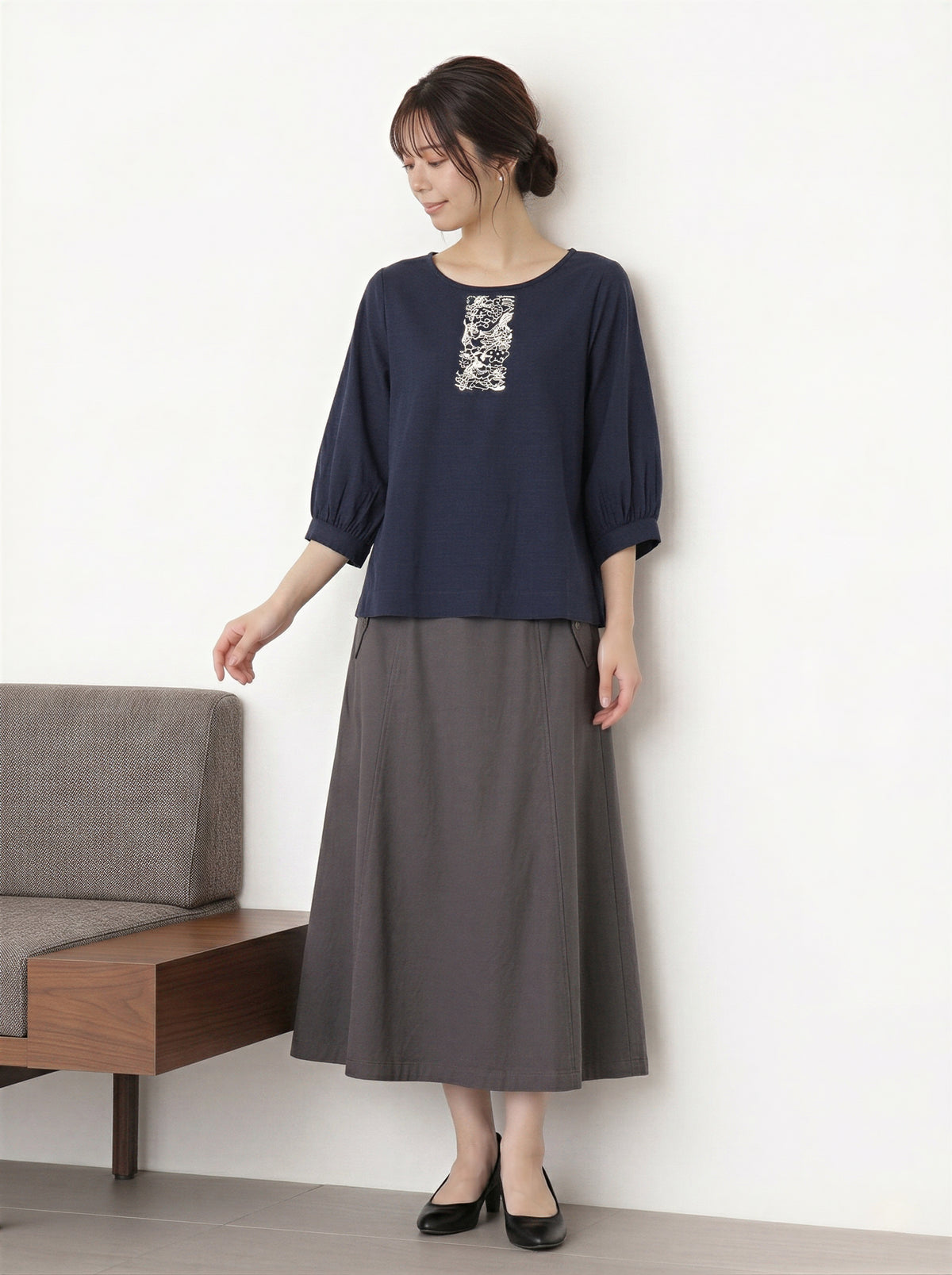 刺繍切り替えバルーンスリーブTシャツ
