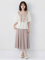 M~2XL Vネック 刺繍パフスリーブTシャツ