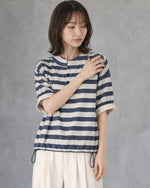 【秋新作】S-XL ボーダー スタンドカラー ドローストリング 半袖Tシャツ
