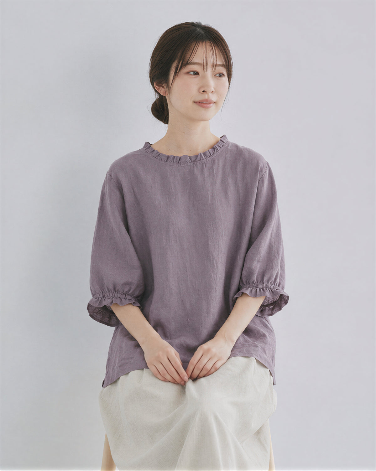 メローフリル襟 ラウンドネック ゆったりTシャツ-パープル-3XL