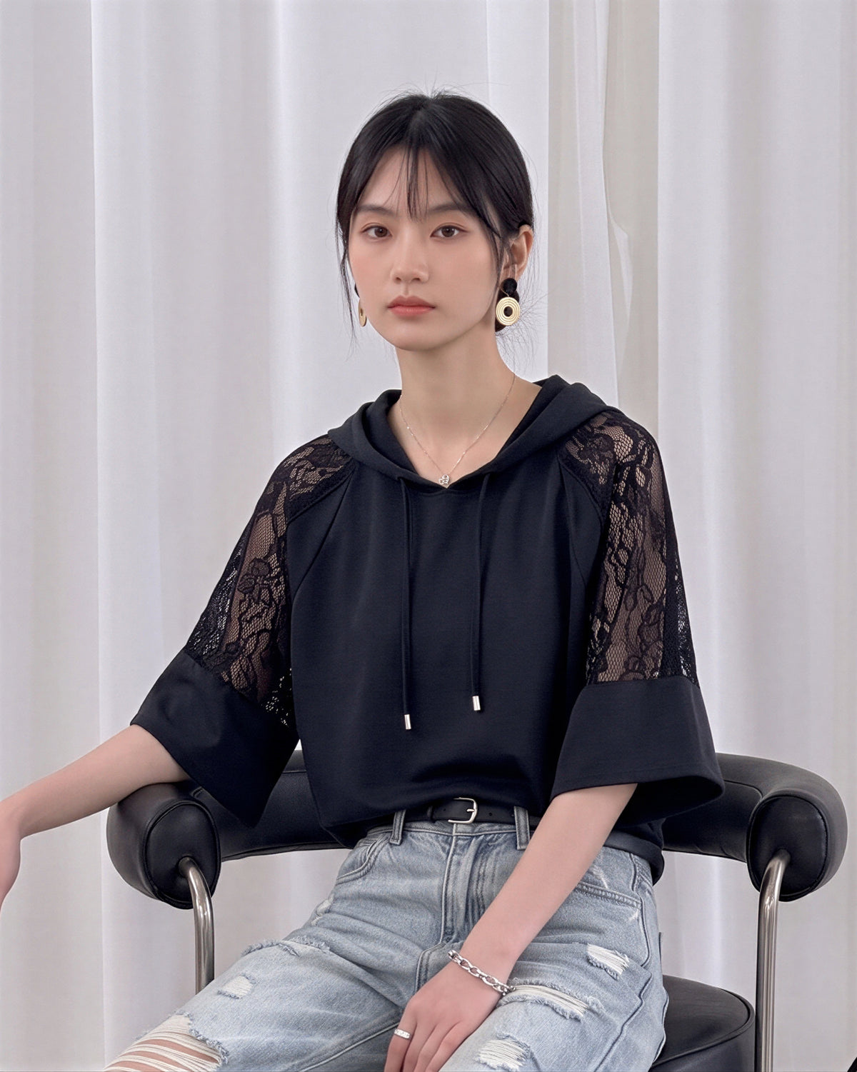 レース切り替えフード付きワイドスリーブTシャツ