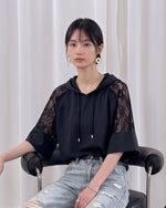 レース切り替えフード付きワイドスリーブTシャツ