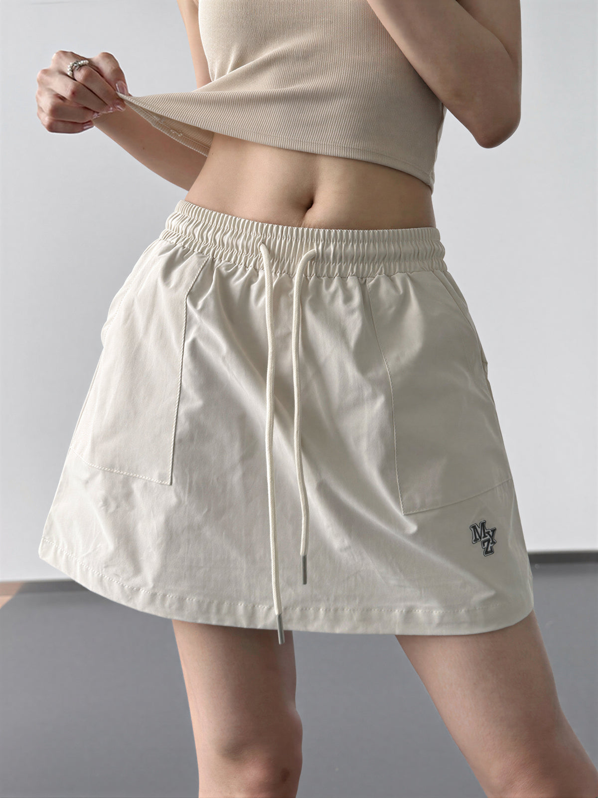 S-XL ウエストゴム ドローストリング Aラインミニスカート