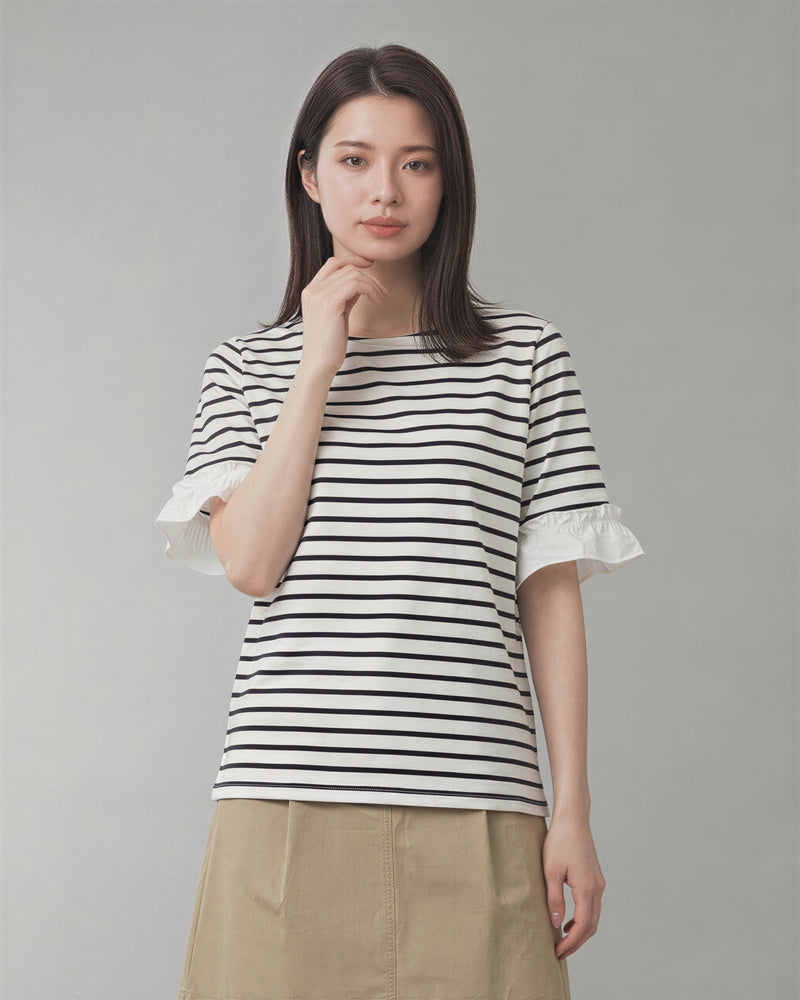 マリンボーダー フリル袖 ゆったり半袖Tシャツ