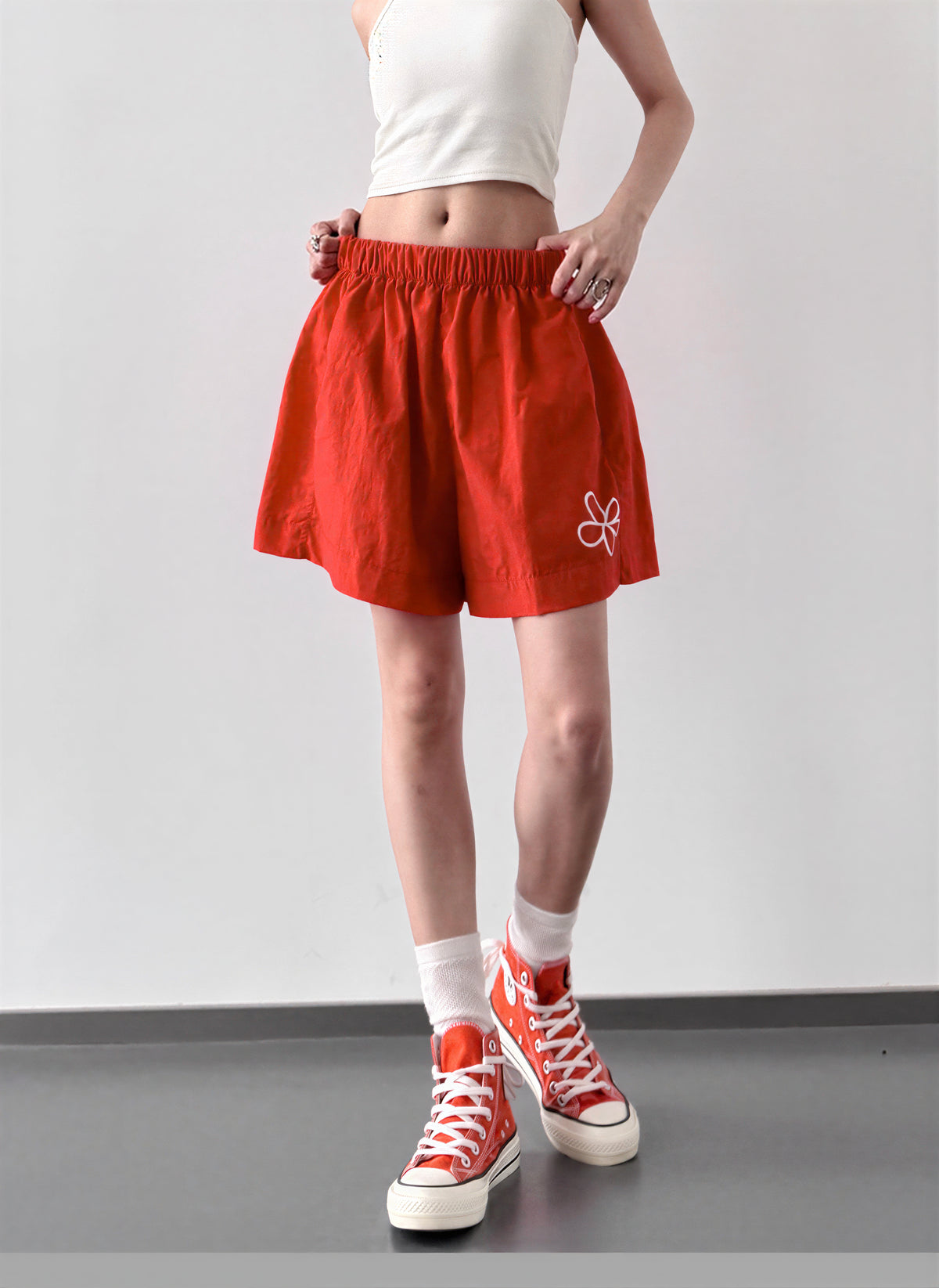 S-2XL ウエストゴム ハイウエスト 花柄プリント ワイドショートパンツ