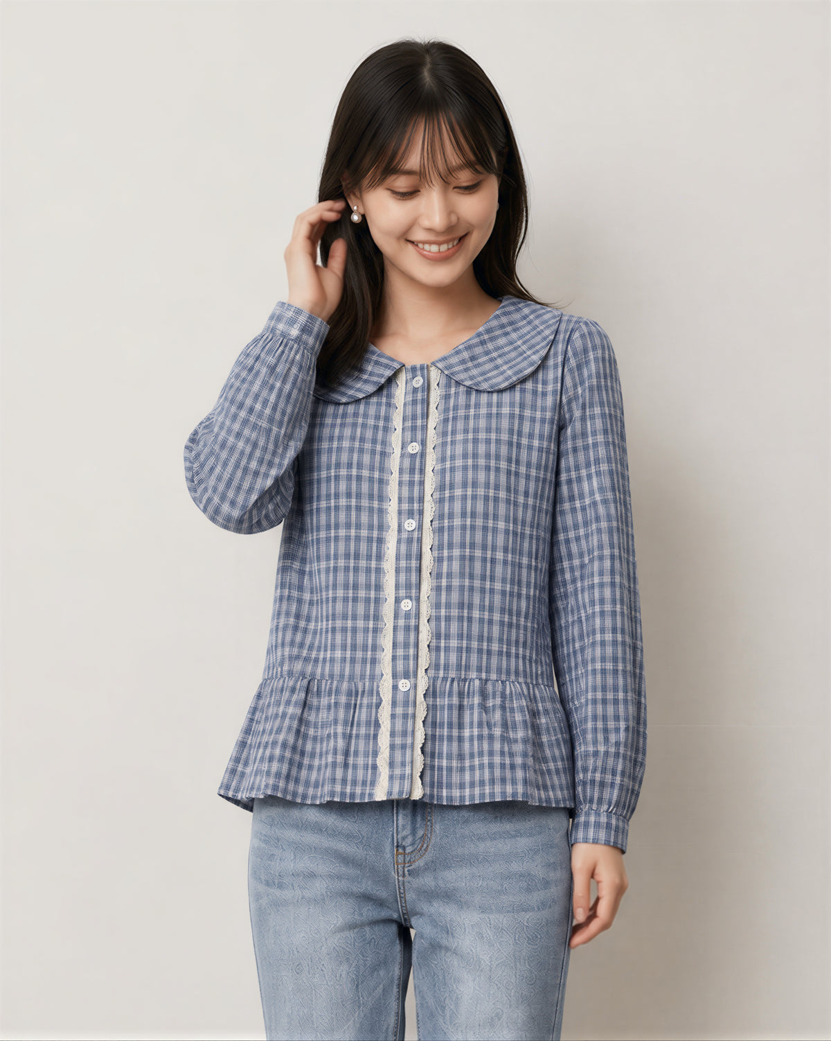 S-XL ライトブルーチェックのドールカラーウエストシェイプシャツ