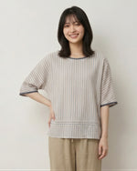 M~2XL 細ストライプ ゆったり クルーネックTシャツ