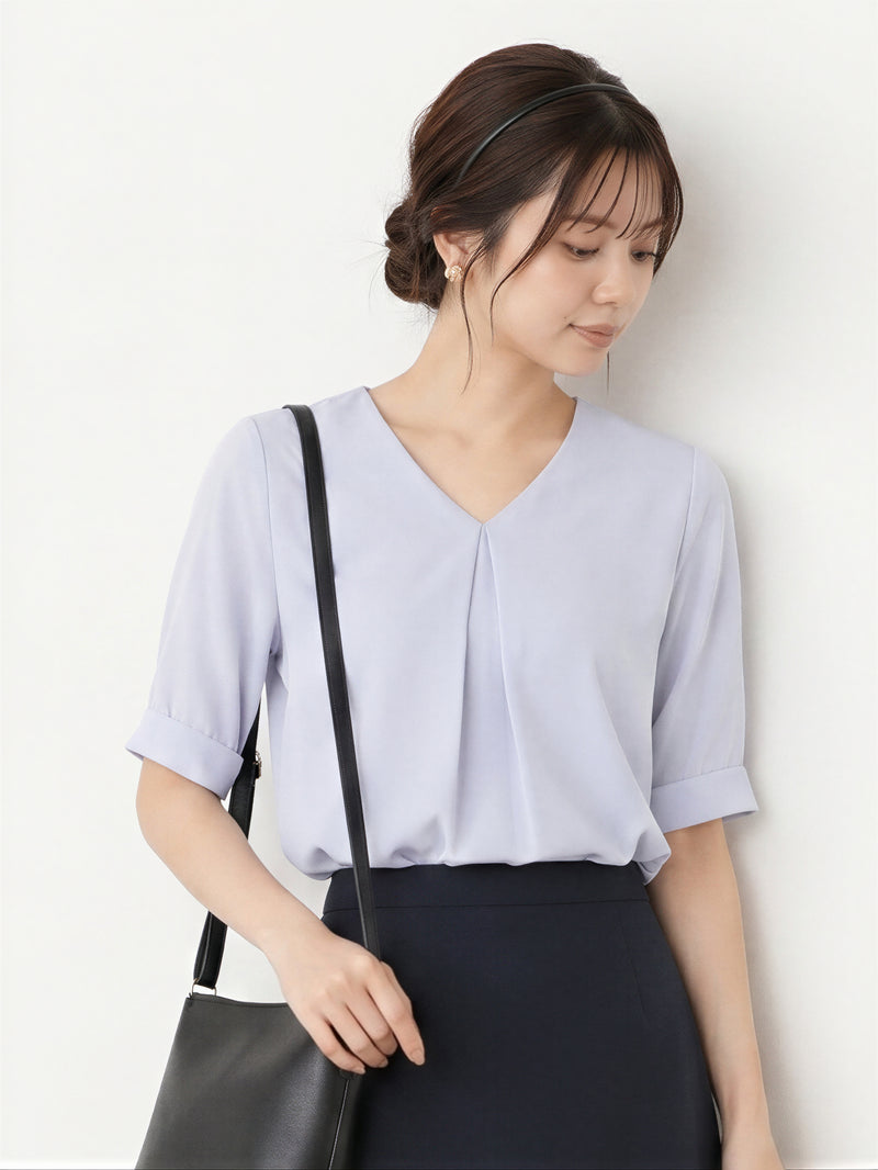 Vネック タック入り ロール袖 シフォンブラウス
