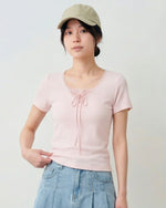 スクエアネック レーストリム リボン付き くびれ見え 半袖Tシャツ-ライトピンク-L