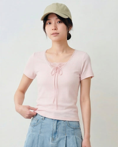 スクエアネック レーストリム リボン付き くびれ見え 半袖Tシャツ-ライトピンク-L