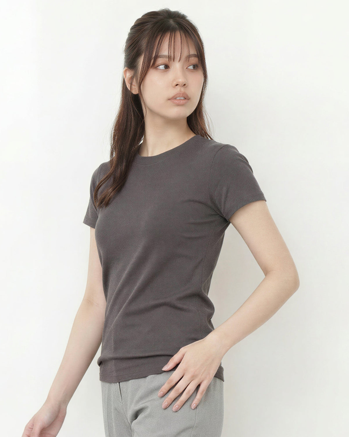 ウエストすっきり見え ラウンドネック 半袖Tシャツ