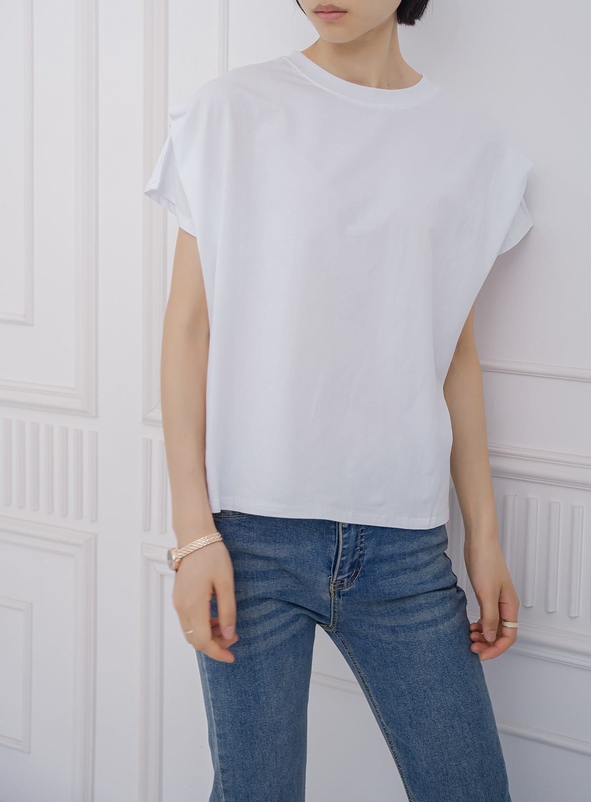 ボーダー柄 ゆったり バットスリーブ クルーネックTシャツ