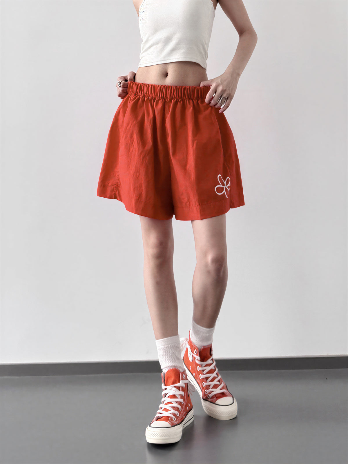 S-2XL ウエストゴム ハイウエスト 花柄プリント ワイドショートパンツ
