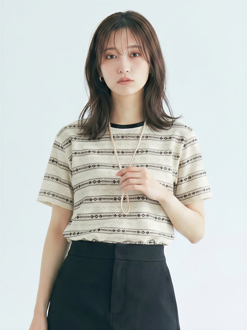 配色クルーネック ジャカードボーダーTシャツ-ベージュ-L