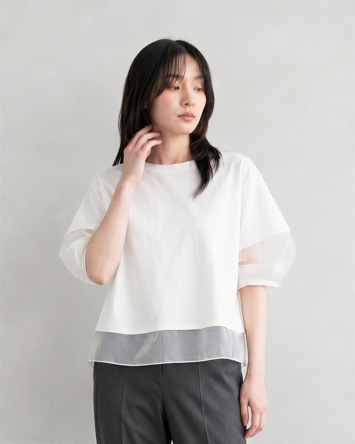 オーガンジー切り替えパフスリーブTシャツ