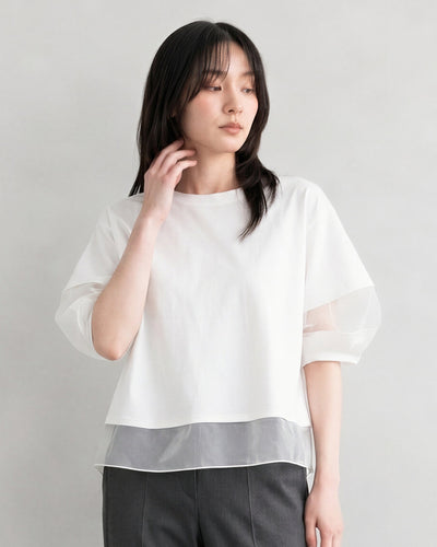 オーガンジー切り替えパフスリーブTシャツ