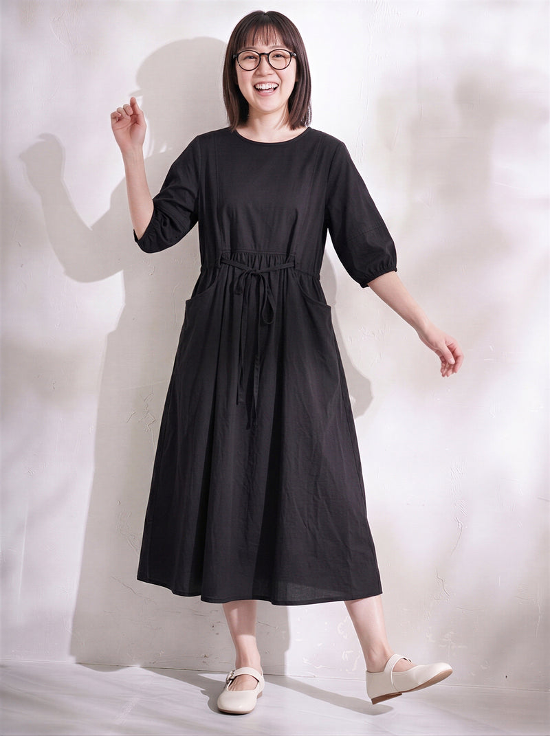 「2色」夏の綿全般にゆったり腰を収めたひも抜きスリーブA字ワンピース-ブラック-2XL