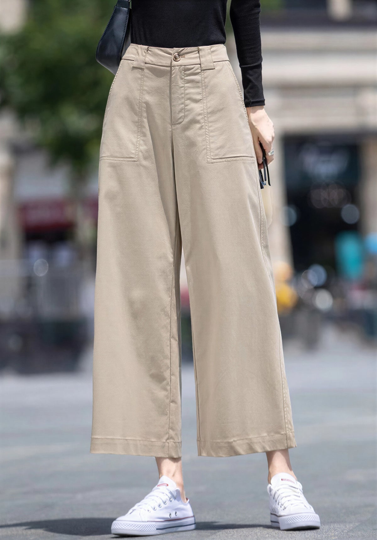 ハイウエストストレートワイドパンツ クロップド丈 リラックスフィット コットン-カーキブラウン-4XL