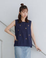スター刺繍 クルーネック ノースリーブタンクトップ