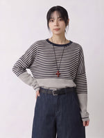 ゆったりドロップショルダー・ブラック×ホワイトボーダー・切り替え長袖ニット