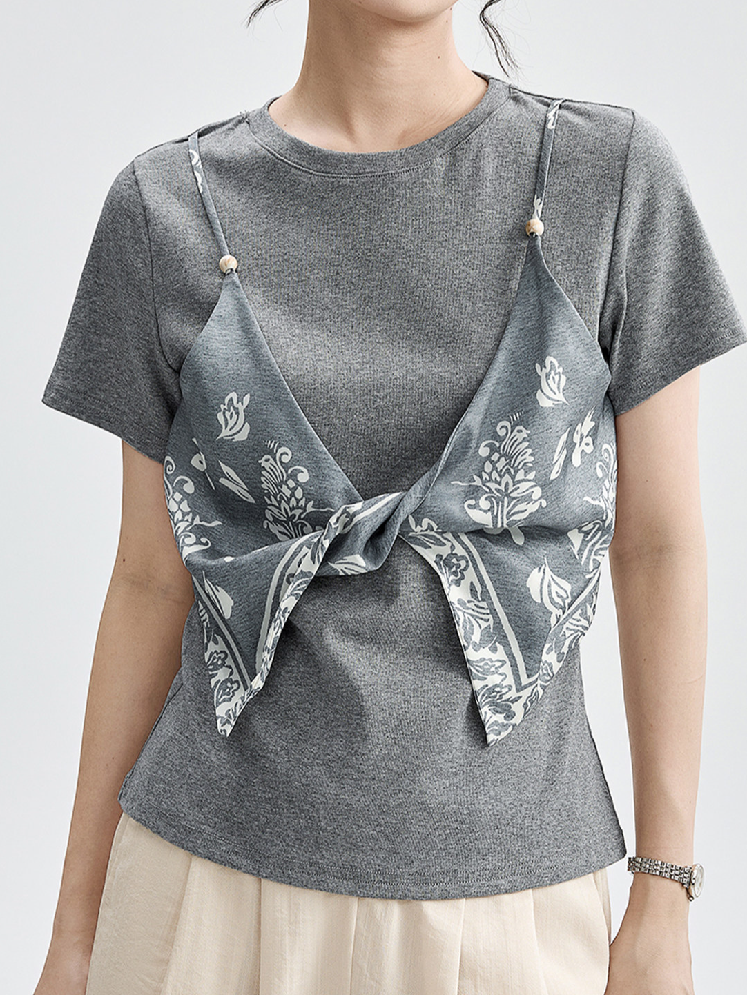 半袖Tシャツ2枚フェイクスカーフ個性的アートキルティングトップス