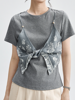 半袖Tシャツ2枚フェイクスカーフ個性的アートキルティングトップス