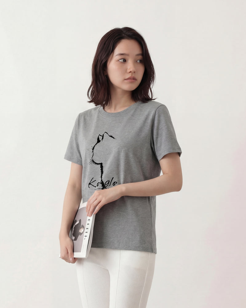 グレー ゆったりドロップショルダー アニマル線画プリント 半袖Tシャツ