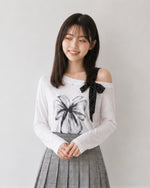 【全2色】M~2XL オフショルダー リボンプリントTシャツ