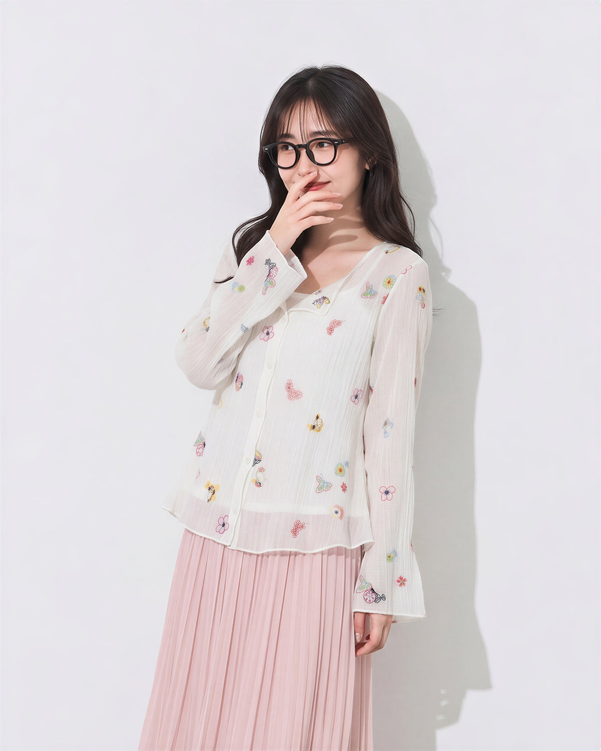 【秋新作】S~XL Vネック プリーツ 小花柄ブラウス