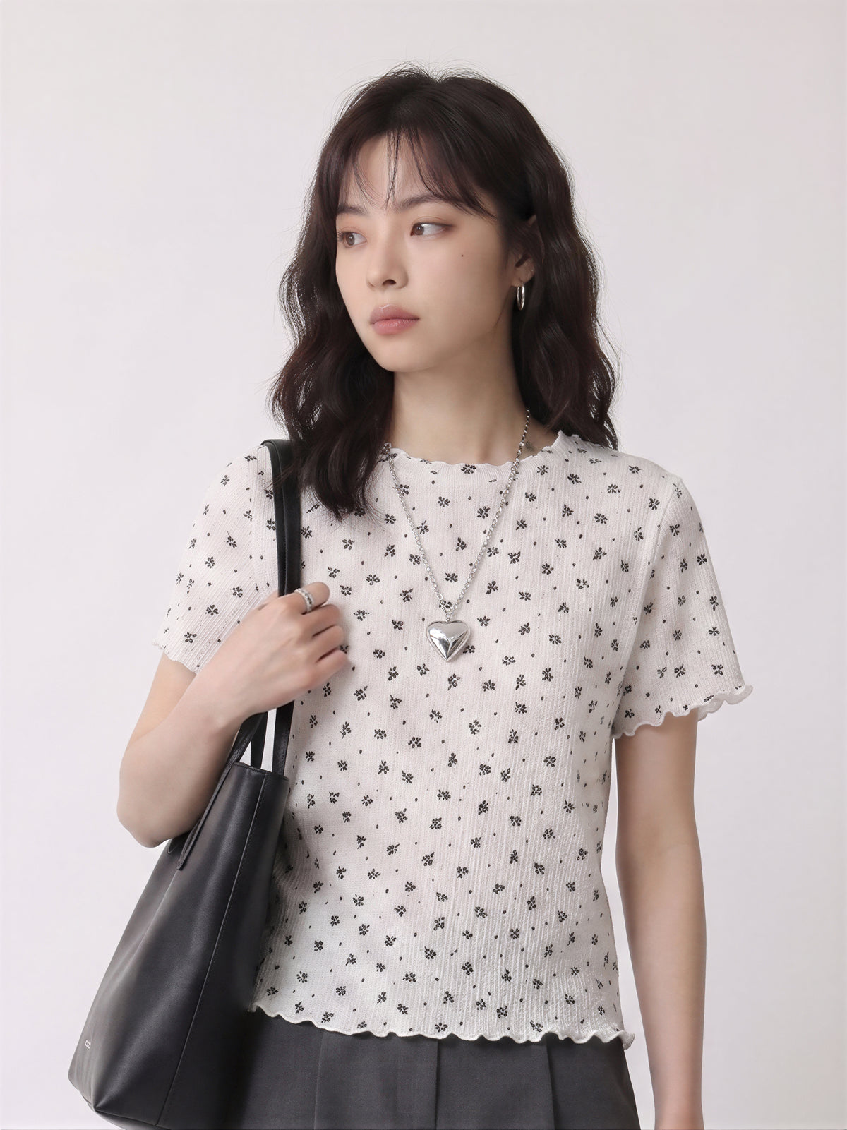 小花柄 透かし編み メロウフリルTシャツ-ホワイト-L
