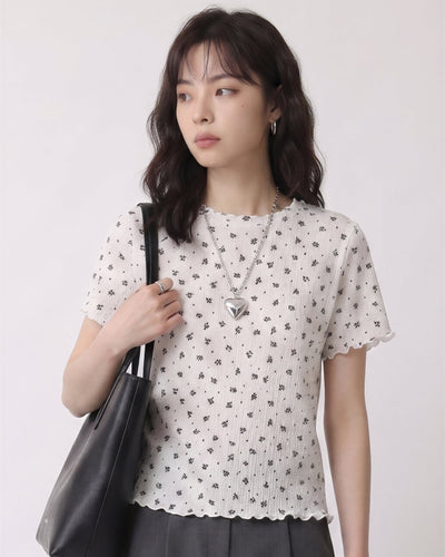 小花柄 透かし編み メロウフリルTシャツ-ホワイト-L