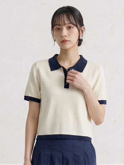 配色POLO襟ショート丈ニットトップス