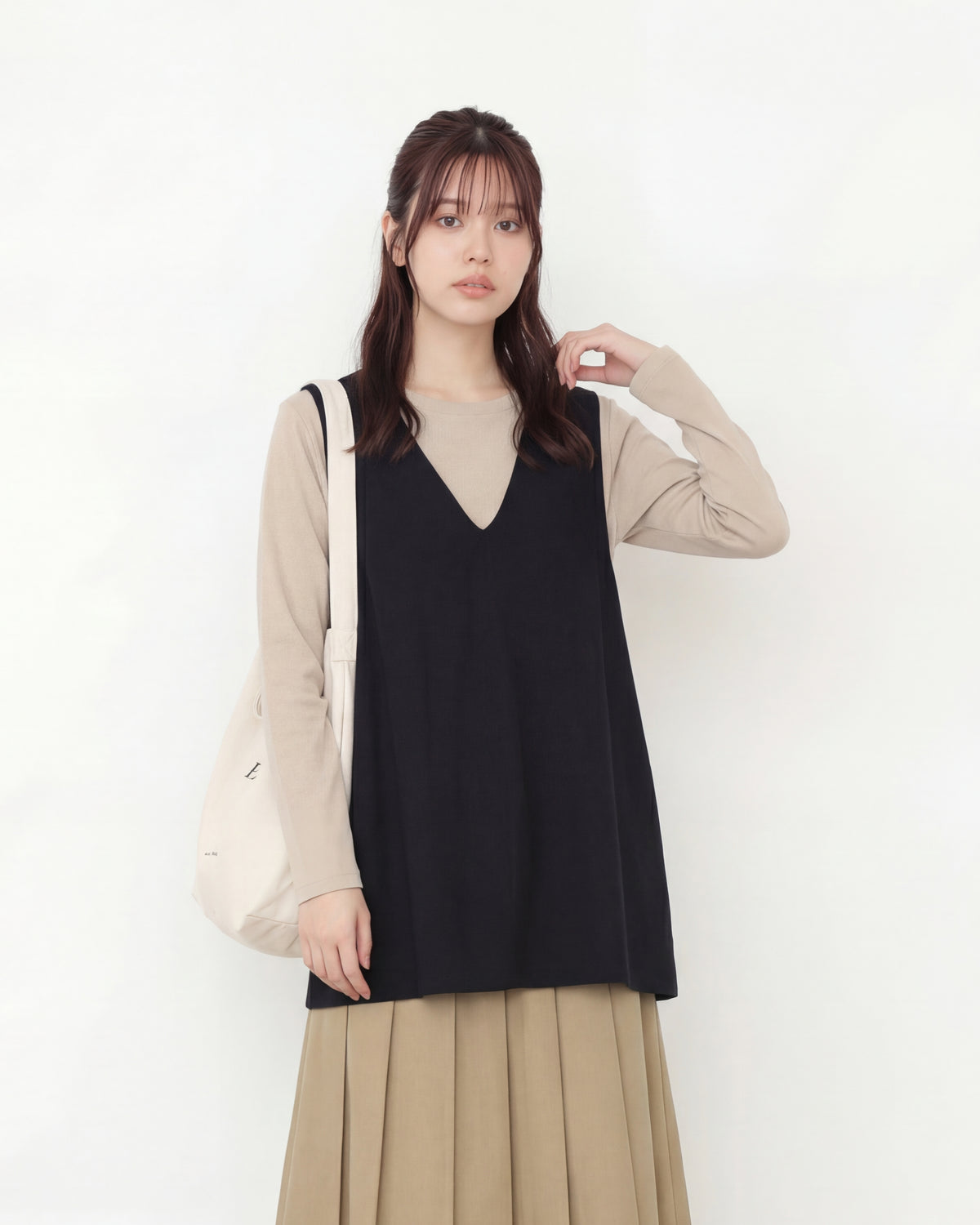 深Vネック ルーズシルエット ミドル丈ベスト-ブラック-3XL