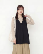 深Vネック ルーズシルエット ミドル丈ベスト-ブラック-3XL