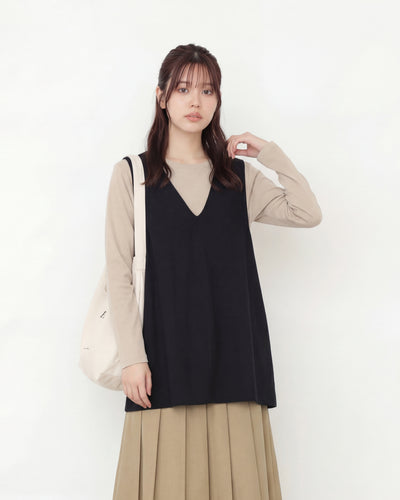深Vネック ルーズシルエット ミドル丈ベスト-ブラック-3XL