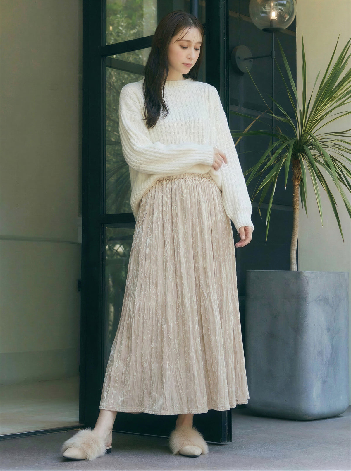 パール調プリーツ Aライン ロング丈 プリーツスカート