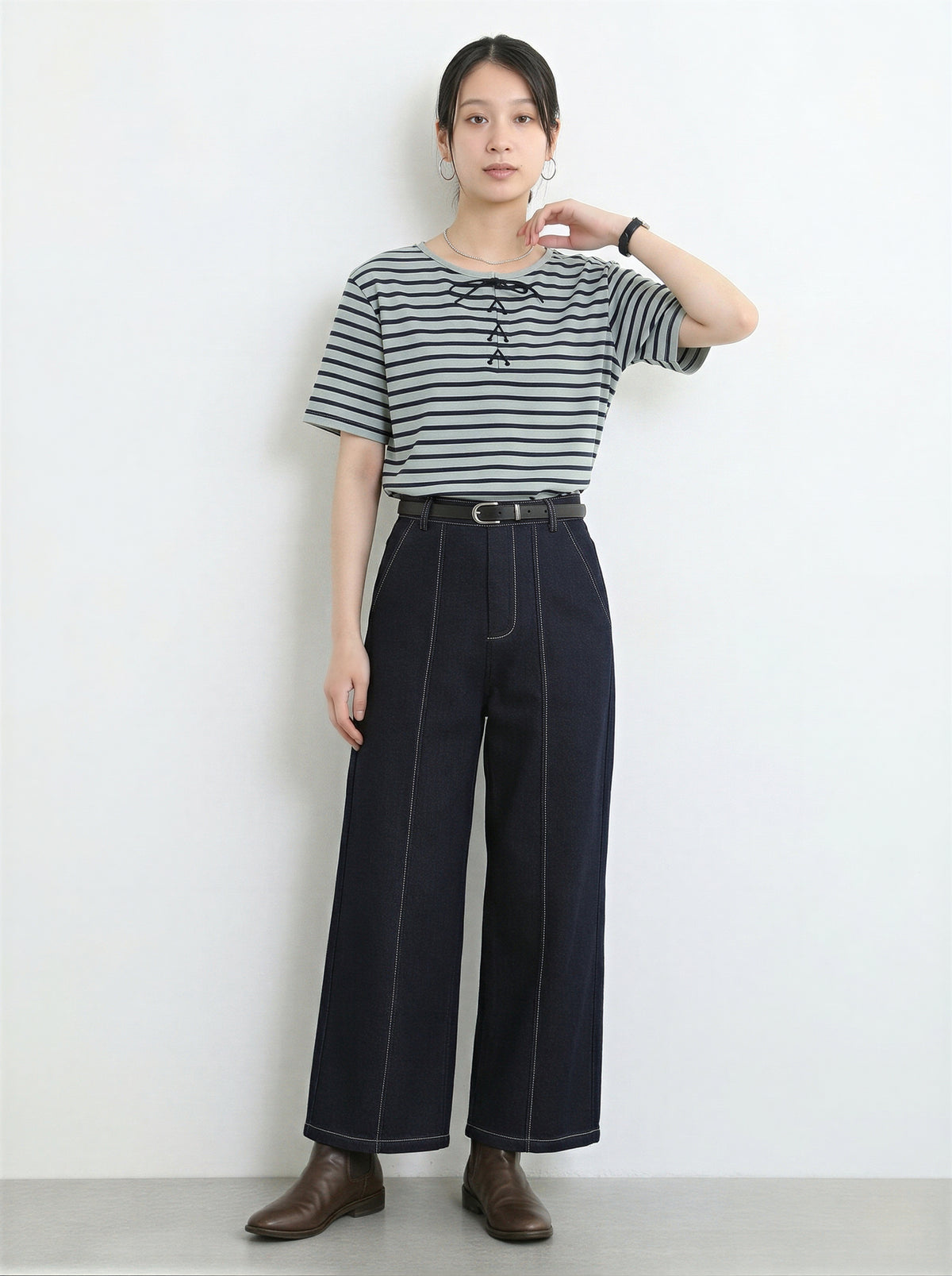 ボーダー リボン付き クルーネック 半袖Tシャツ
