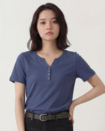 深V前立てボタン付き すっきり細見え 半袖Tシャツ