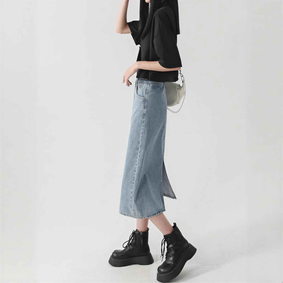 ハイウエスト ストレート スリット デニムスカート