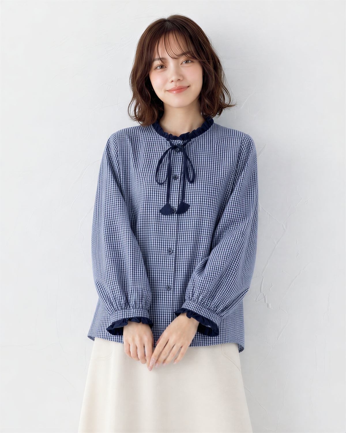 【秋新作】S~2XL フリルネックリボン付きチェックシャツ