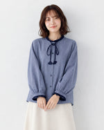 【秋新作】S~2XL フリルネックリボン付きチェックシャツ