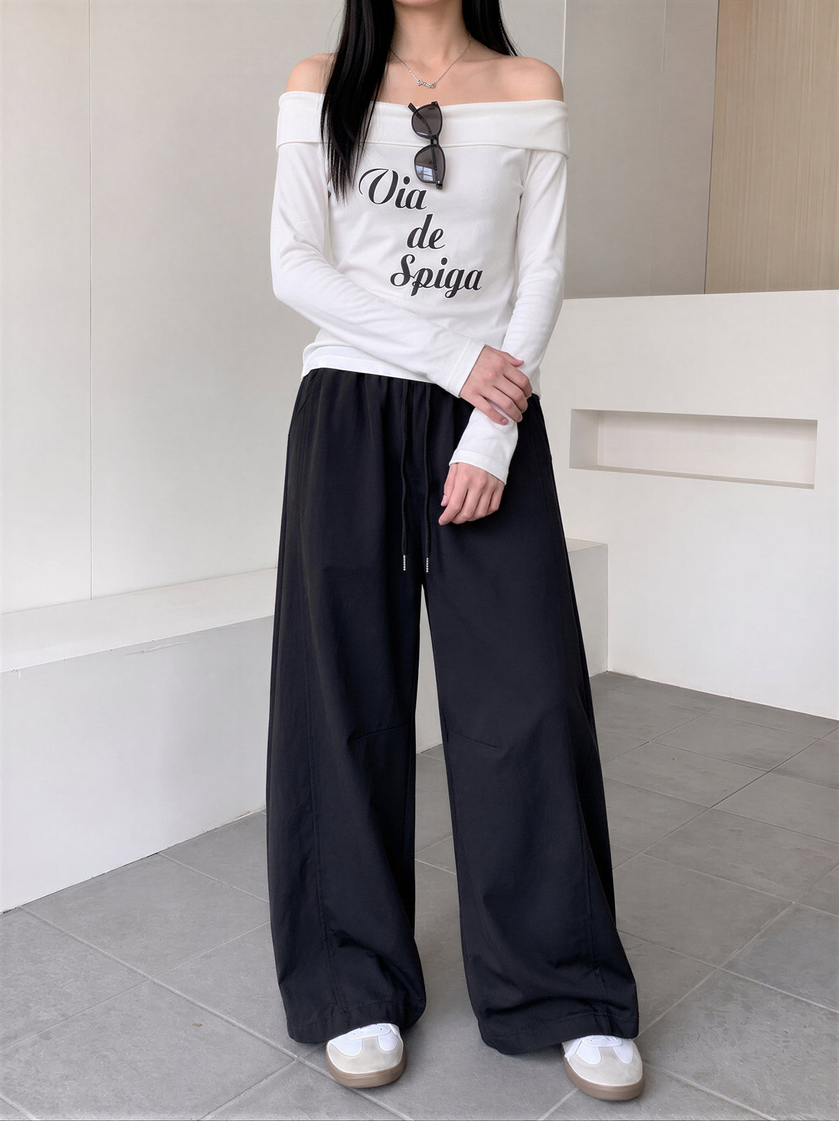 ハイウエスト ドローストリング 裾だまりワイドパンツ-ブラック-XL