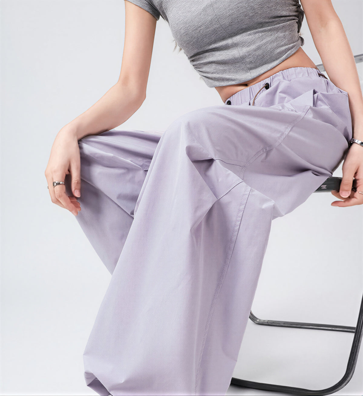 ドローストリング ハイウエスト ワイドレッグ カーゴパンツ-ラベンダー 速乾パンツ-3XL