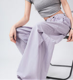 ドローストリング ハイウエスト ワイドレッグ カーゴパンツ-ラベンダー 速乾パンツ-3XL