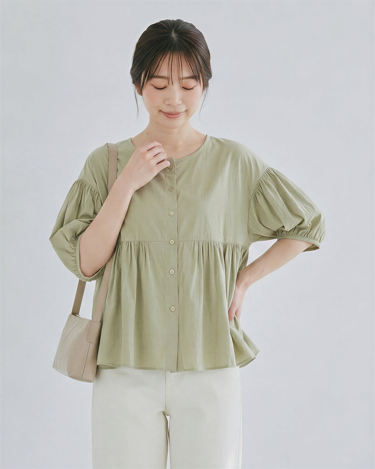 ラウンドネック ギャザー入りフレアシャツ-グリーン-2XL
