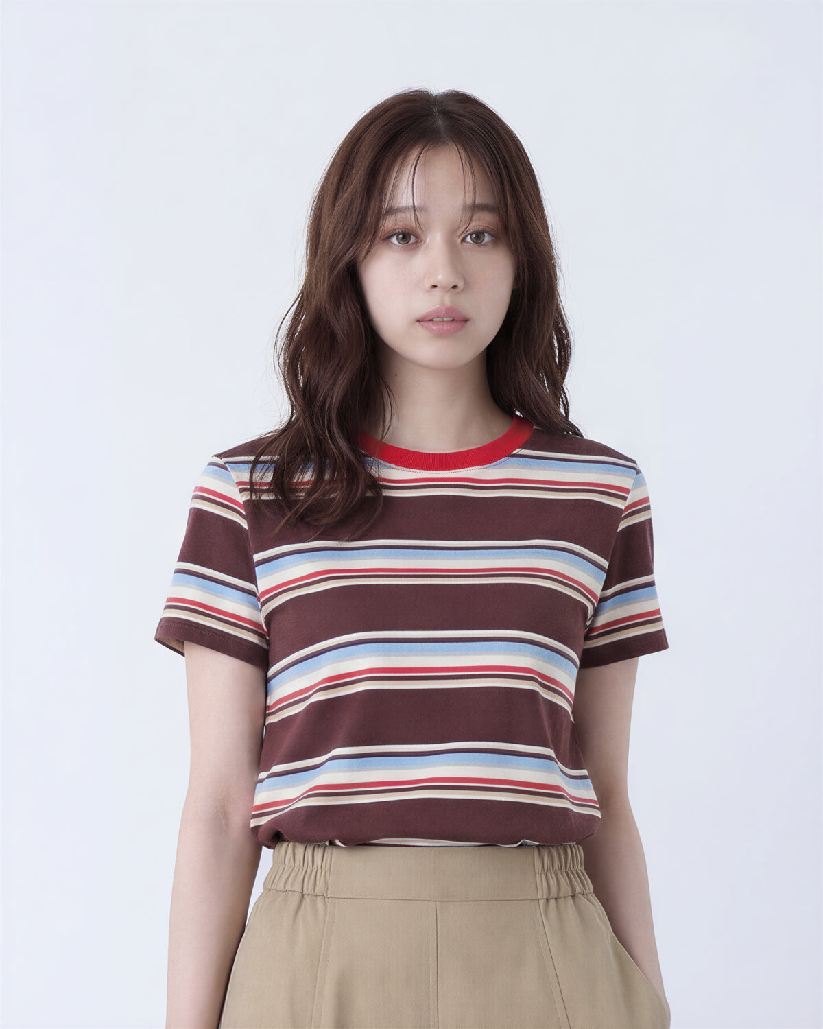チェリーレッド襟 配色ボーダー 半袖Tシャツ