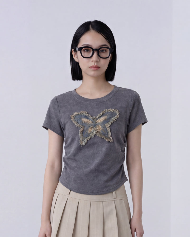 バタフライ立体フリンジワッペン クルーネック半袖Tシャツ-グレー-5XL